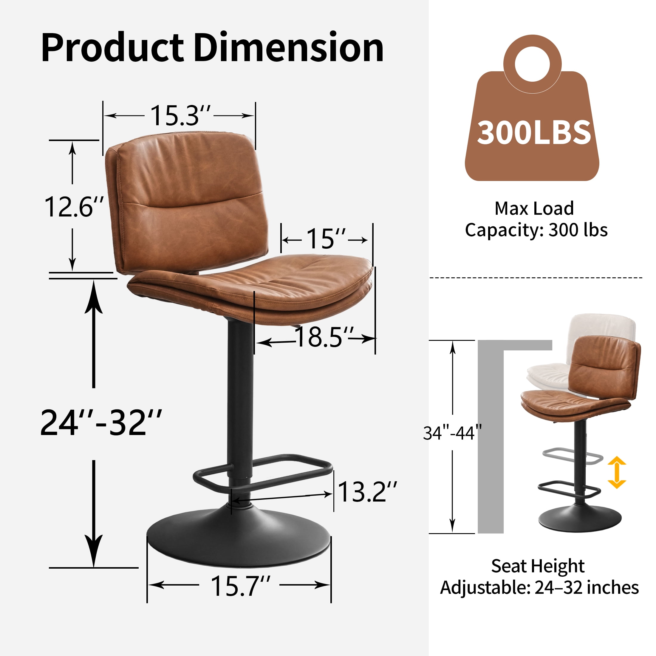 FIRAVOE Swivel Bar Stools Set of 3 (Double-Layer Upholstered) Adjustable Bar Stools (24"-32"), PU Leather Modern Barstools with Back for Bar, Kitchen, Dining Room, Brown