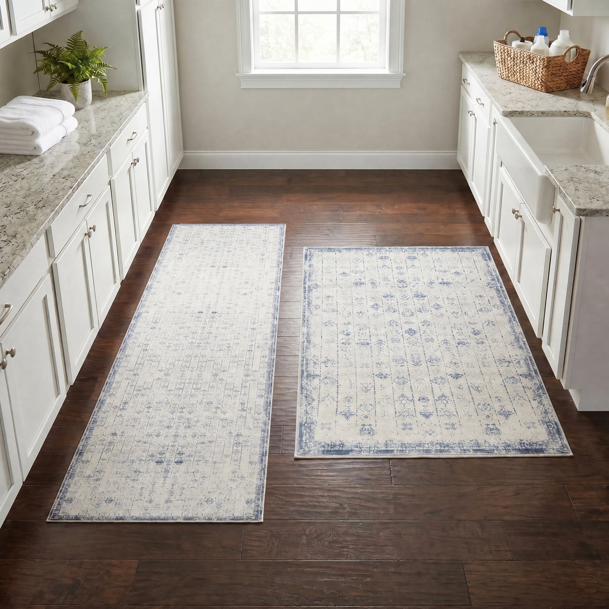 LR Home Brooke 2' x 5' Gray/Blue Geometric Waterproof Non-Slip Machine Washable Indoor Area Rug