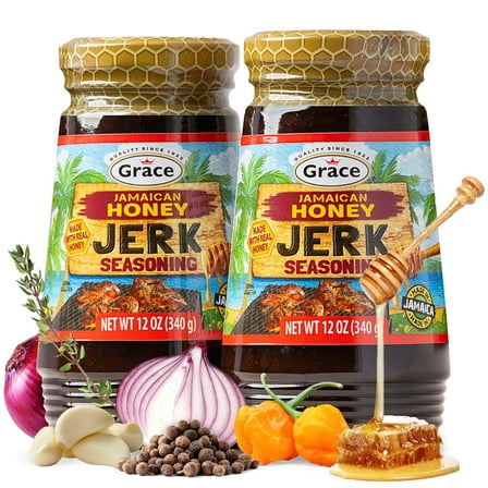 Grace Jamaican Honey Jerk Seasoning 12oz (Pack of 2) – Caribbean Jerk Marinade for Chicken, Oxtail & Pork – Sweet & Spicy Flavor