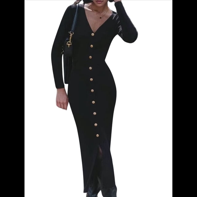 Vestido Midi de Punto Acanalado para Mujer, Estilo Informal, Cuello en V, Larga, Ajustado, para Otoño de 2025 Negro M
