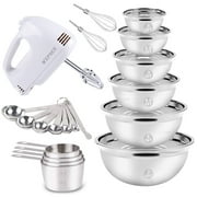 WEPSEN Electric Hand Mixer Mixing Bowls Set, Upgrade 5-Speeds Mixers with 6 Silver Nesting Stainless Steel Mixing Bowl, Measuring Cups and Spoons Whisk Blender -Kitchen Baking Supplies for Cooking