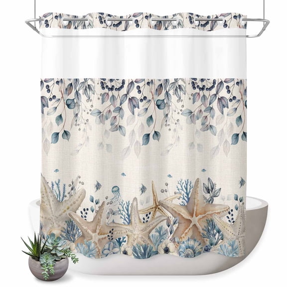 No Hook Shower Curtain, Blue Beige Coastal Shower Curtains for Bathroom with See Through Top Window, Beach Starfish Summer Eucalyptus Rustic Waterproof & Washable Bath Curtain 66"x72"