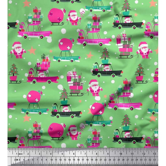 Soimoi Rayon Fabric Gift Box,Car & Santa Christmas Decor Fabric Printed Yard 56 Inch Wide