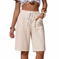 thumbnail image 2 of Dwellite Women's Striped Bermuda Shorts Casual Drawstring Elastic Waist Summer Vacation Beach Shorts with Pockets Khaki L, 2 of 4