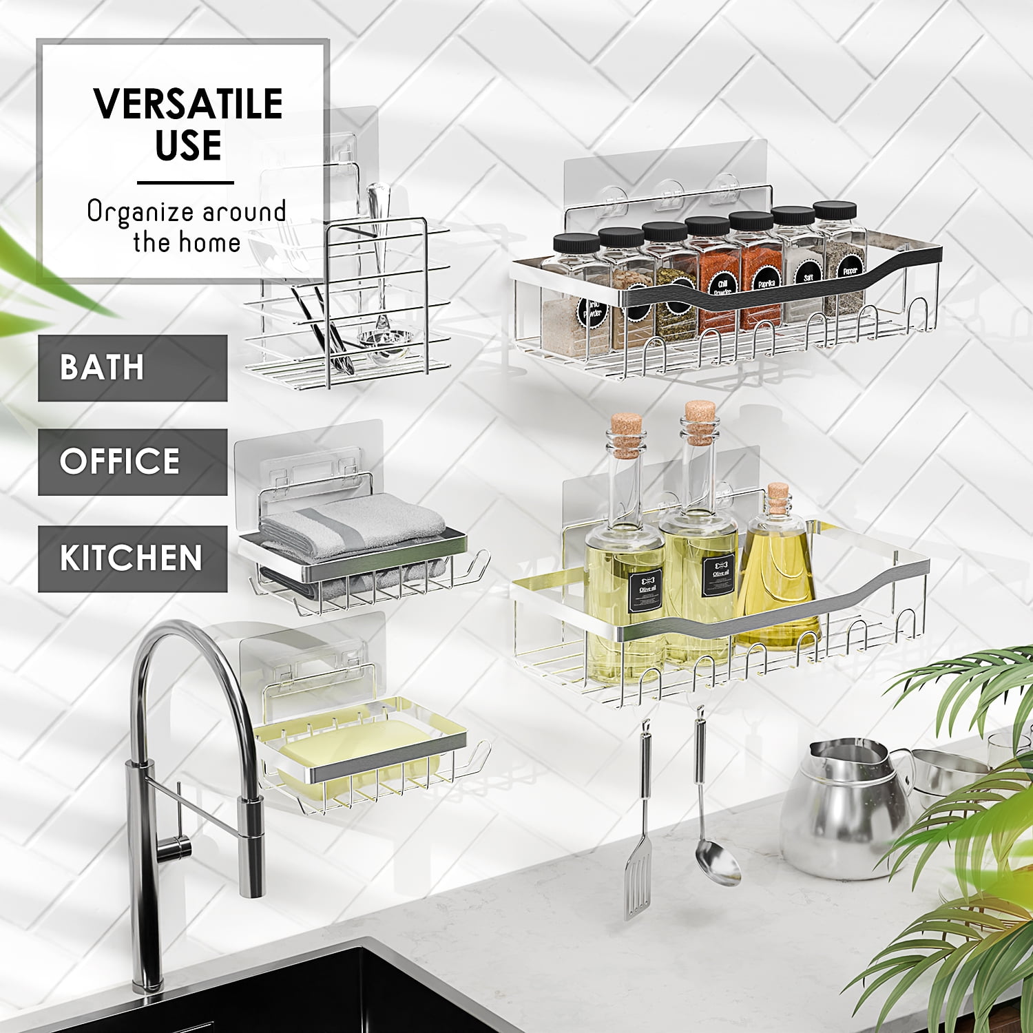 Virtu 5 Pack Adhesive Steel Shower Caddy Organizer, Heavy Duty Stainless Steel Rustproof Shower Caddy, Silver Chrome