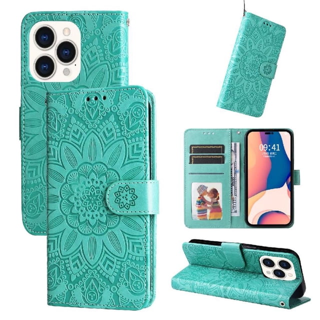 Funda tipo cartera GANGXUN para iPhone 14 Pro , diseño girasol, cuero PU, soporte, cierre magnético, tarjetero