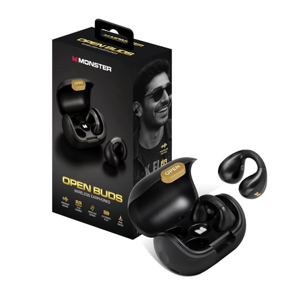 Monster Wireless Open Ear Buds Bluetooth Headphones, Clip-On Fitness Earbuds with Charging Case, IPX5 Waterproof Sports Wireless Earphones, Deep Bass, Bluetooth 5.4, Built-In Mic, Black