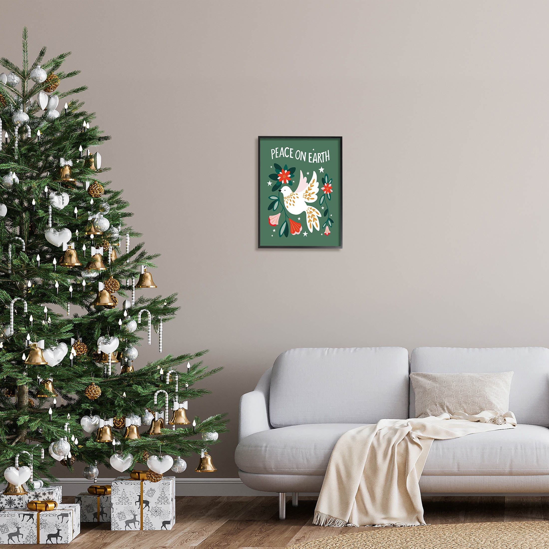 Peace On Earth Floral Dove Blossoms Holiday Graphic Art Black Framed Art Print Wall Art