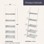 Lavish Home Bookshelf - 5-Tier Ladder Shelf with Leaning Look - Bookcase for Home Decor and Office Storage - Freestanding Book Shelves, White