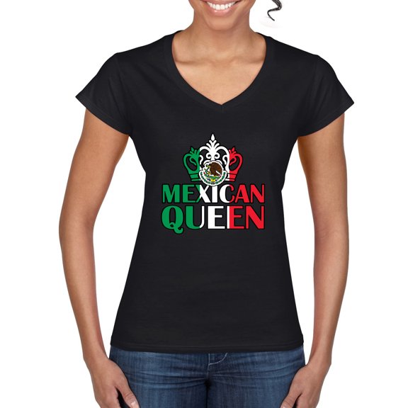 Wild Bobby Mexican Queen Latin Pride Women Standard V-Neck Tee, Black, Small