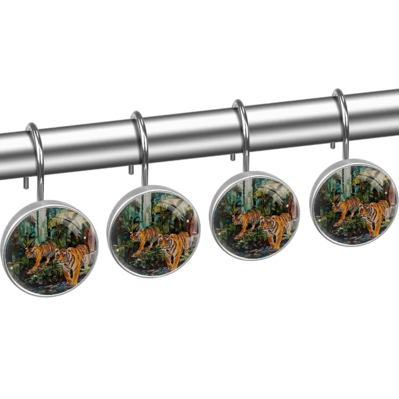 Tigers Walking on Forest Shower Curtain Hooks Round Crystal Glass, Set of 12 Shower Curtain Rings - Shower Hooks for Curtain Shower Rings