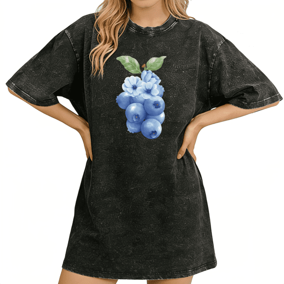 Unfold Wild Blueberry Bloom Serenity Black Washed Blueberry Print Tshirt Graphic Tees Shirts Short Sleeve Tops S-2XL Tops