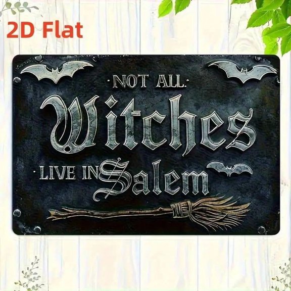 HELLOYOUNG 1pc 2D Flat Halloween Metal Sign 8x12inch Bat and Broom Design- "Witches Live in Salem" Horror Wall Decoration Suitable for Home, Garage or Farmhouse Entrance
