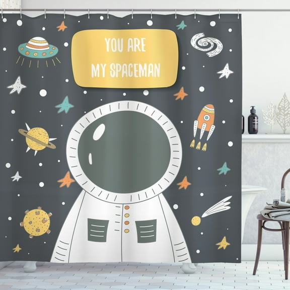 Ambesonne Astronaut Shower Curtain, Cosmic Doodle Rocket, 69"Wx75"L, Grey Multicolor