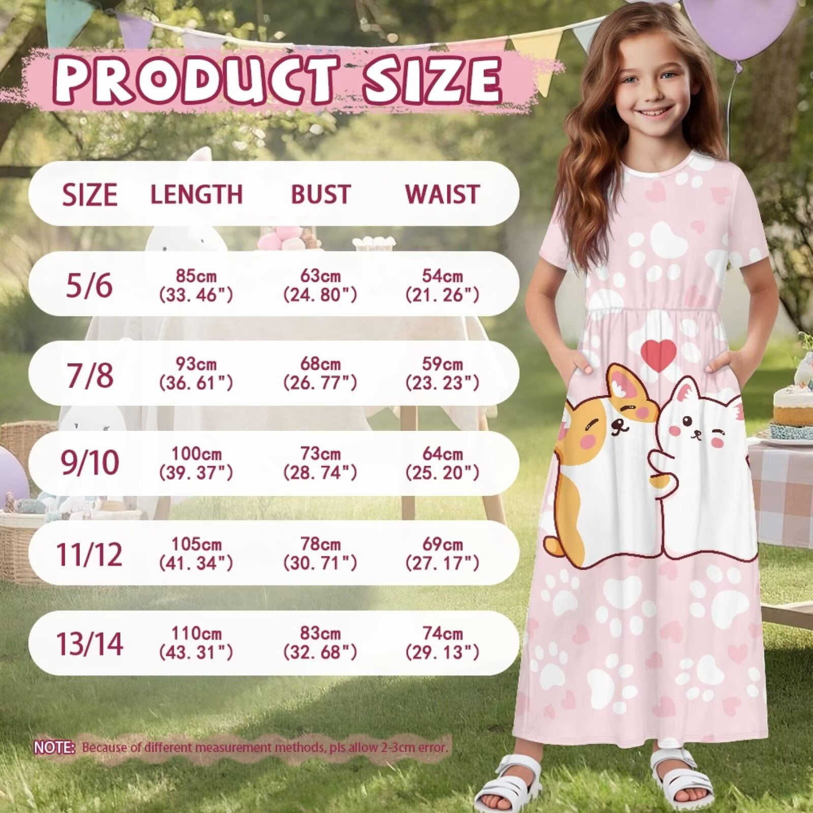 Uourmeti Cartoon Dog Kitty Print Girls Summer Short Sleeve Dress Crew Neck Loose Casual Flowy Tiered Maxi Dress with Pockets Cute Clothes, Size 5-6 Years