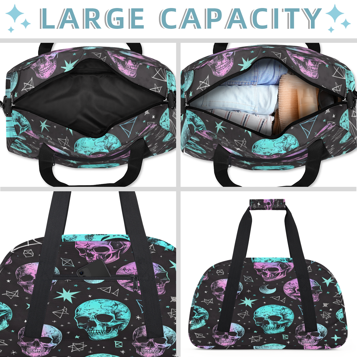 Herdesigns Skull Sports Duffle Bag for Women & Men, Skeleton Gym Bag Dance Bag Overnight Bag Carry On Weekender Travel Bag