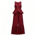 thumbnail image 4 of Womens Casual Two Piece Outfit V Neck Sleeveless Button Peplum Top High Waist Ruffle Hem Wide Leg Pants Solid Color Elegant Set Wine S(S), 4 of 6