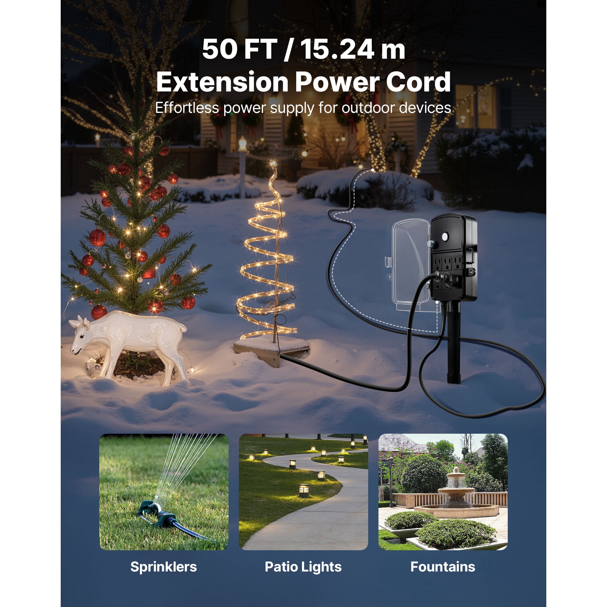 KFFKFF Outdoor Power Stake with 50 FT Extension Cord, Weather-Resistant Power Strip with Cover and Overload Protection, 6 Outlets,15A/1875W, Waterproof Multi-Outlet Yard Stake for Holiday Decorations