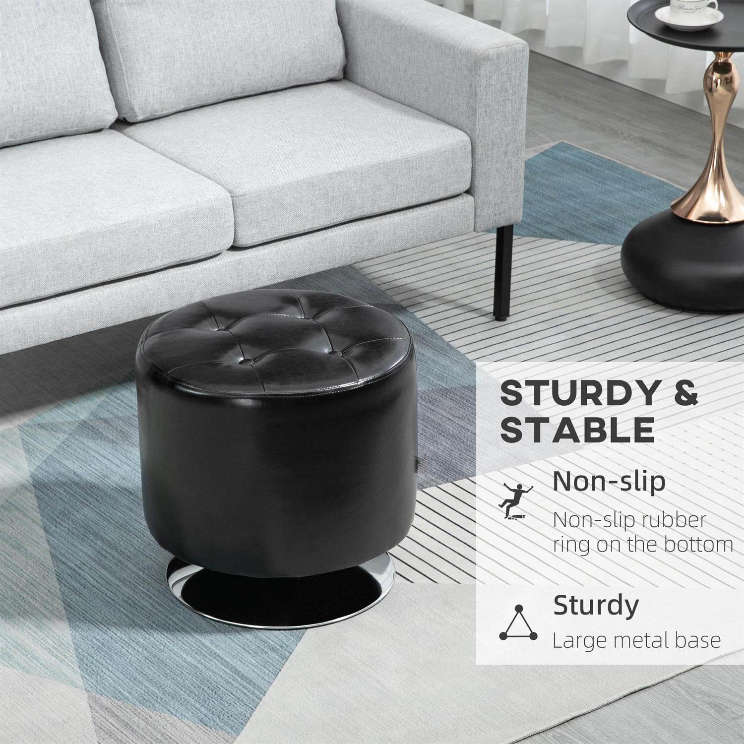Demi Bonn 18" PU Leather Ottoman with 360° Swivel, Thick Sponge Padding & Solid Steel Base for Home Use, Comfortable Stool, Black