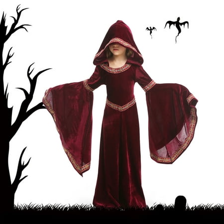 

TMOYZQ Toddler Kids Halloween Girls Autumn Costume Fashion Vampires Hooded Cloak European Style Medieval Flared Sleeve Full Long Cosplay Clothing Party Dress Ethnic Printed Velvet Cape