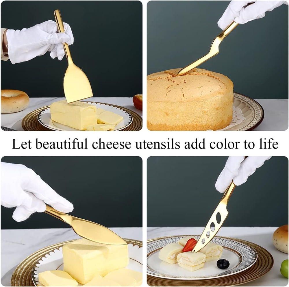 Gold Cheese Knife Set of 3, NOGIS Ergonomic Design Titanium Golden Plated Cheese Slicer, Butter Knife Spreader, Cheese Cutter, Cheese Knives for All Type of Cheese