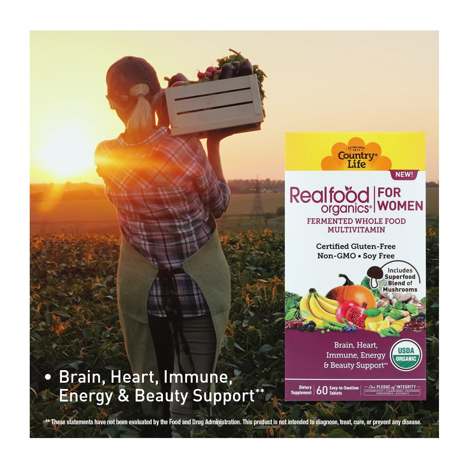 Country Life Realfood Organics Women’s Multivitamin – USDA Organic, Vegan, Gluten-Free – 1,300mg Fermented Whole Foods, Vitamins D, E, B, Folate & Biotin – Daily Energy & Beauty – 60 Tablets