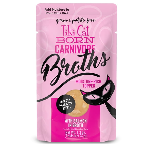 Tiki Cat Born Carnivore Broths Wet Cat Food Topper, Salmon, 1.3 oz. Pouch