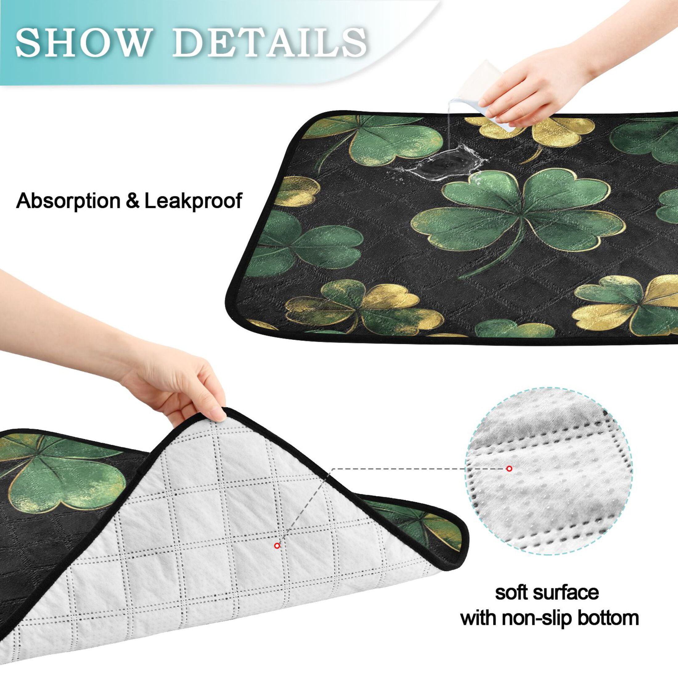 Qxltty Stpatricks Day Four Leaf Clover Cat litter Pads Pet Set of 3 Diaper Mats Center Anti-leakage Layer Absorbent Soft and Comfortable
