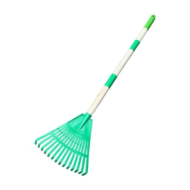 Rastrillo de jardín desmontable, resistente, 14 dientes con mango de madera para niños. verde