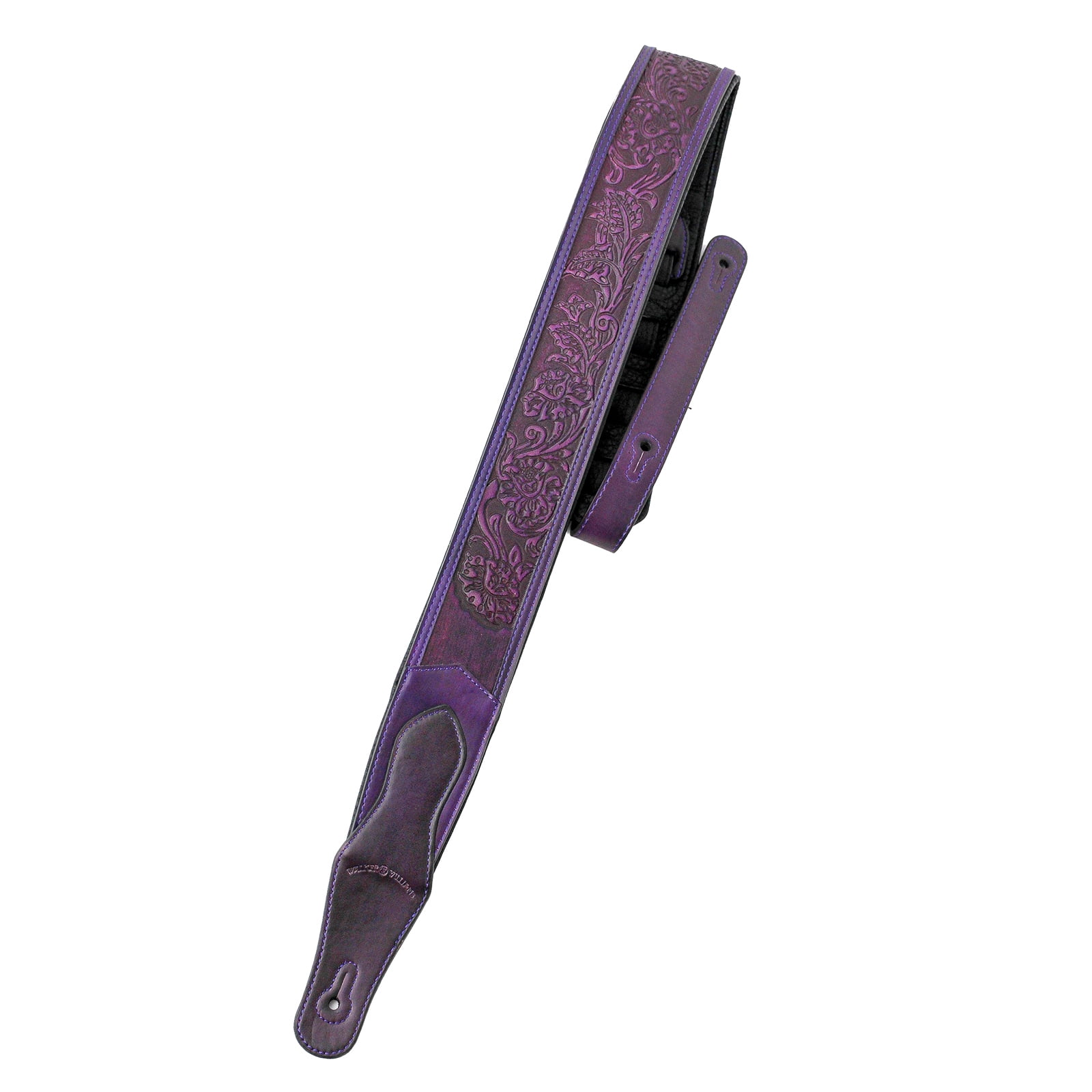 Purple Leather Padded Guitar Strap with Traditional Sheridan Tooling Walker & Williams LID-06