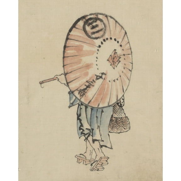 Print: A Person Walking To The Left, Mostly Obscured By An Open Parasol