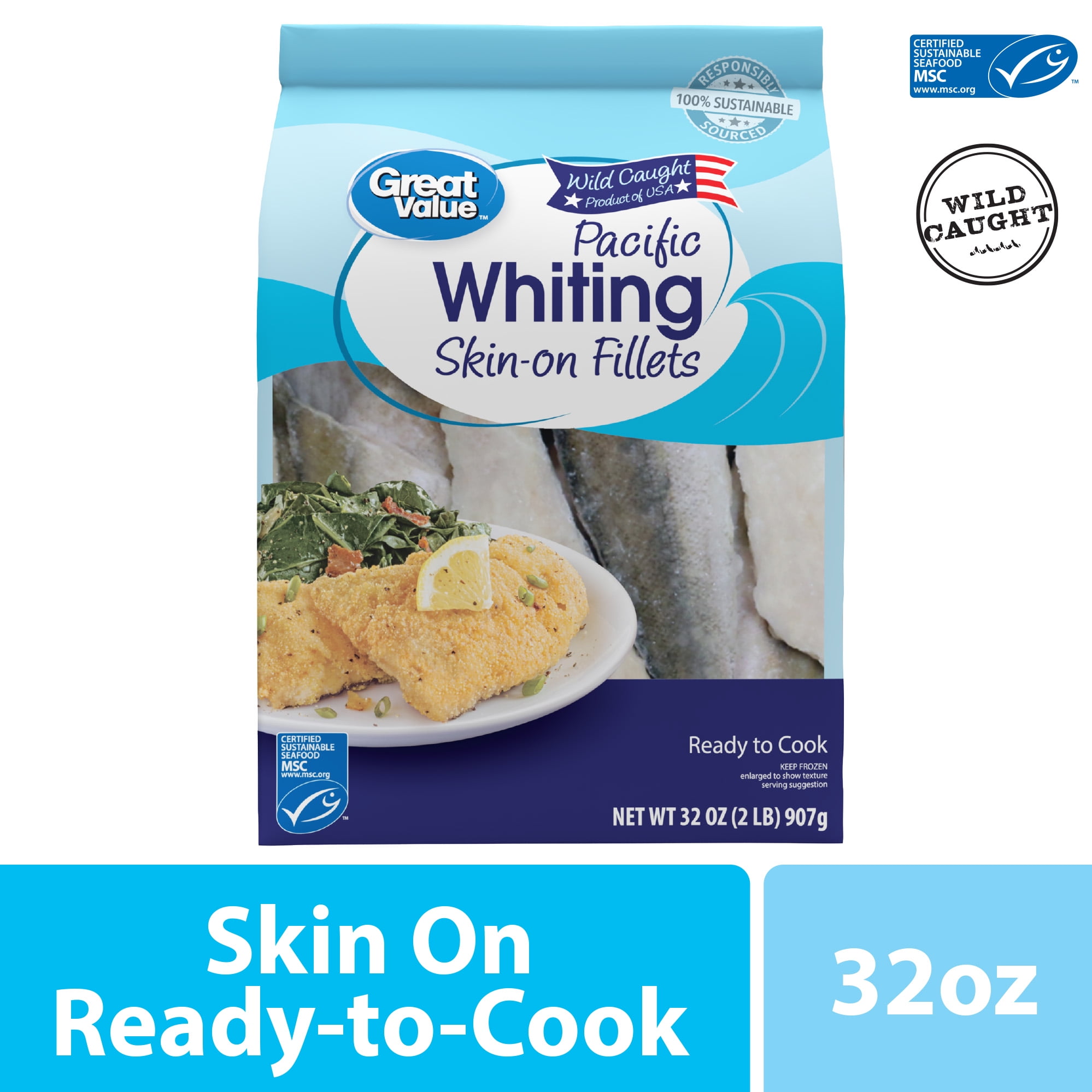 Great Value Wild Caught Frozen Pacific Whiting Fillets, Skinon, 2.0 lb