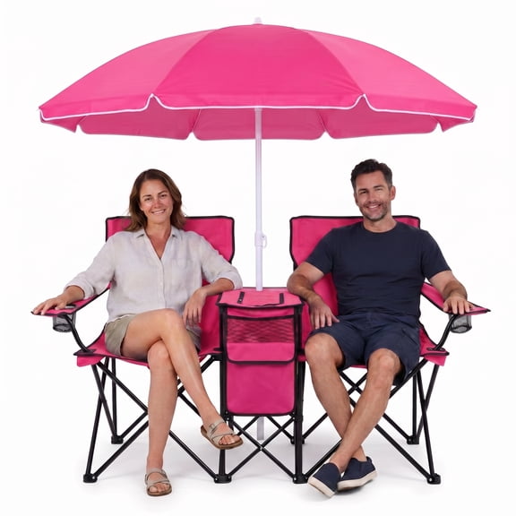 Folding camping chairs for two, with a removable beach umbrella; portable camping chairs for two, featuring a central insulated pocket, storage pouch, and dual cup holders; ideal for camping,
