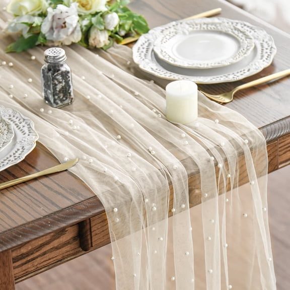 Sm:)e Pearl Beige Gauze Table Runner 120 Inch 10FT, Table Decor for Wedding Anniversary Birthday Outdoor Home Party Table