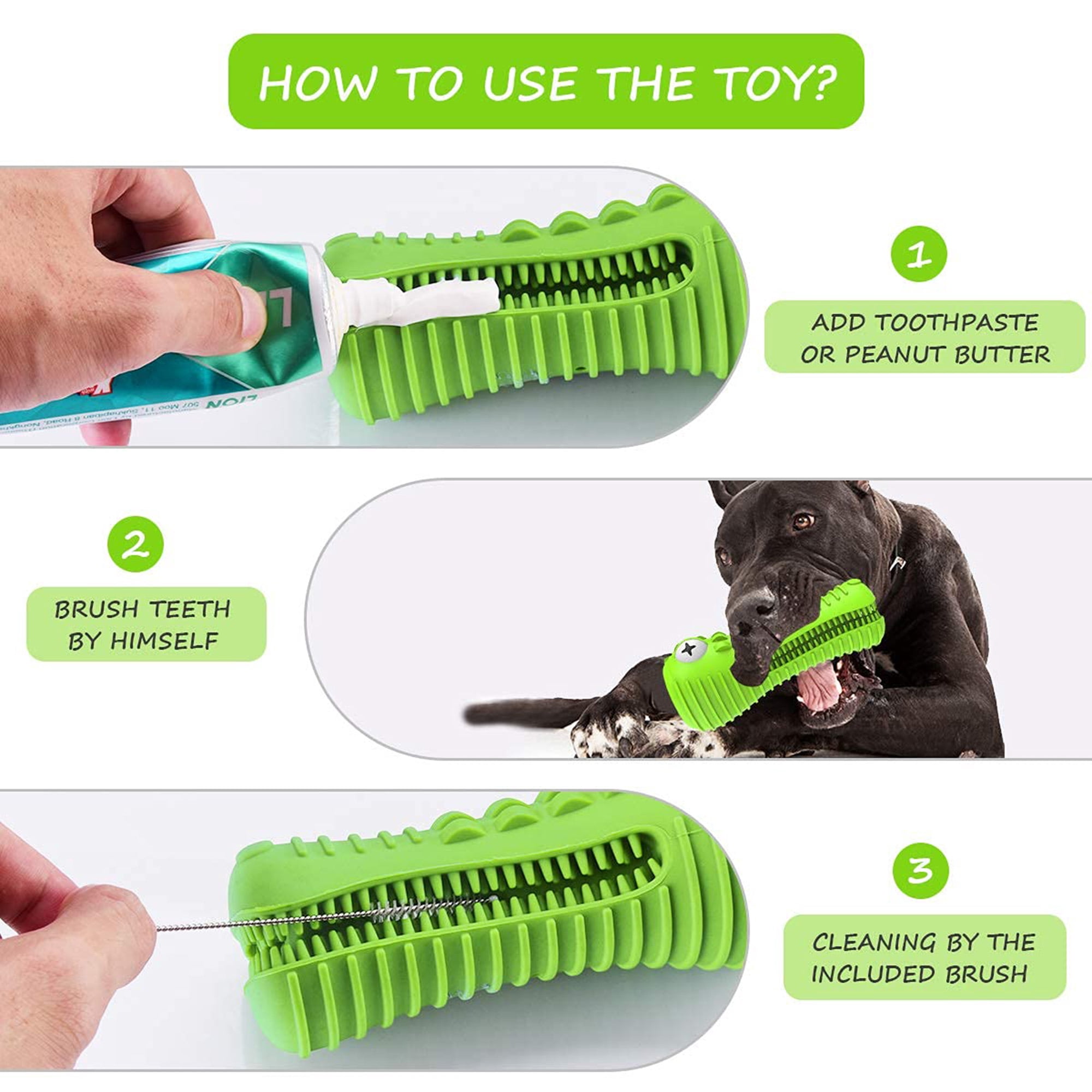Dog Chew Toys for Aggressive Chewers, Indestructible Durable Rubber Chew Toy for Large Medium Breed Dogs, Interactive Squeaky Toothbrush Toy to Clean Teeth and Keep Them Busy, Grass Green