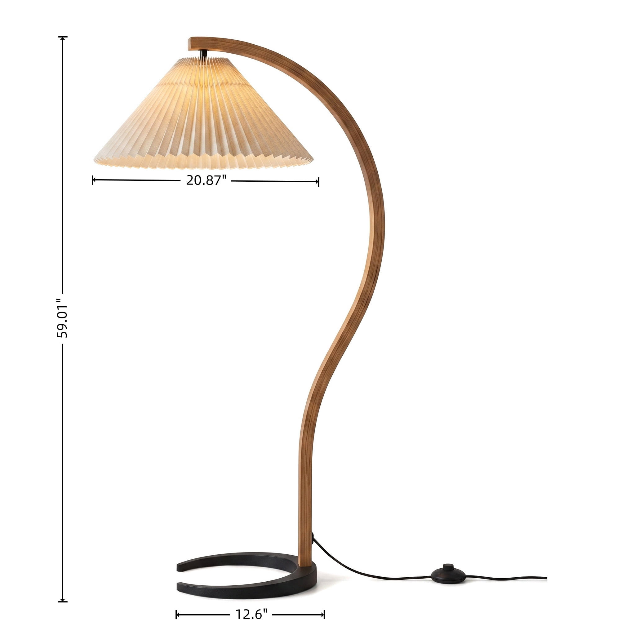 AISWORD Mid Century Curved Arc Floor Lamp with Pleated Fabric Shade, Solid Bentwood S-Shape Standing Reading Light with Heavy Base, Brown