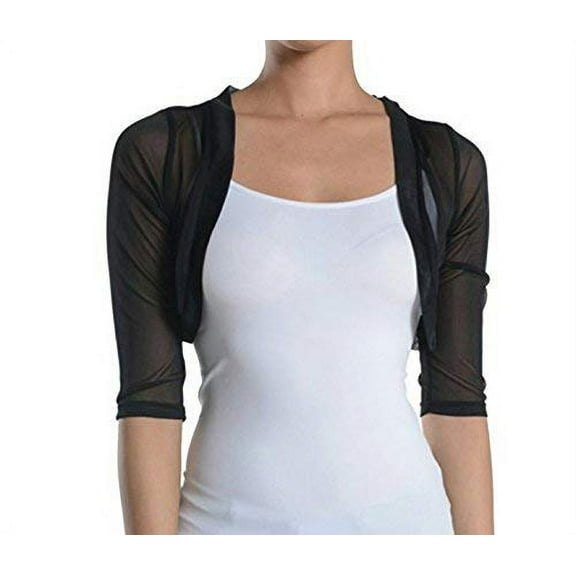 Fashion Secrets Junior's Sheer Chiffon Bolero Shrug Jacket Cardigan 3/4 Sleeve (Black, X-Small)