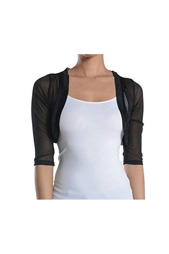 Junior's Sheer Chiffon Bolero Shrug Jacket Cardigan 3/4 Sleeve (Black, X-Small)
