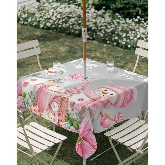 Outdoor Tablecloth with Umbrella Hole, Winter Christmas Snowman Candy Zippered Table Cloth for Rectangle Tables, Holly Poinsettia on Gray Washable Waterproof Tablecloths for Picnic Patio Garden