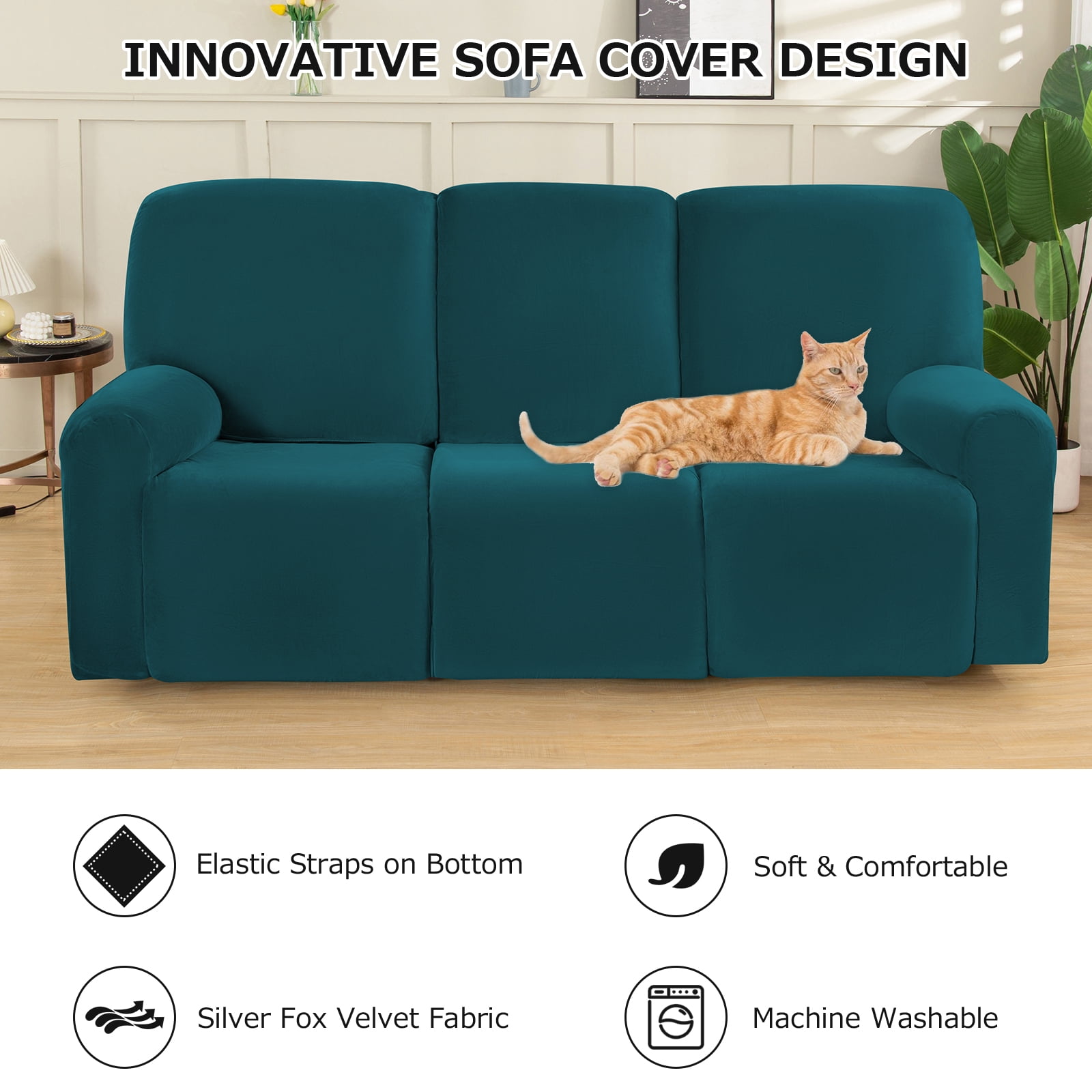 TOPCHANCES 3 Seats Recliner Sofa Slipcover, 8 Pieces Recliner Cover with Side Pocket, Non-Slip 3 Cushion Couch Cover Furniture Protector, Green