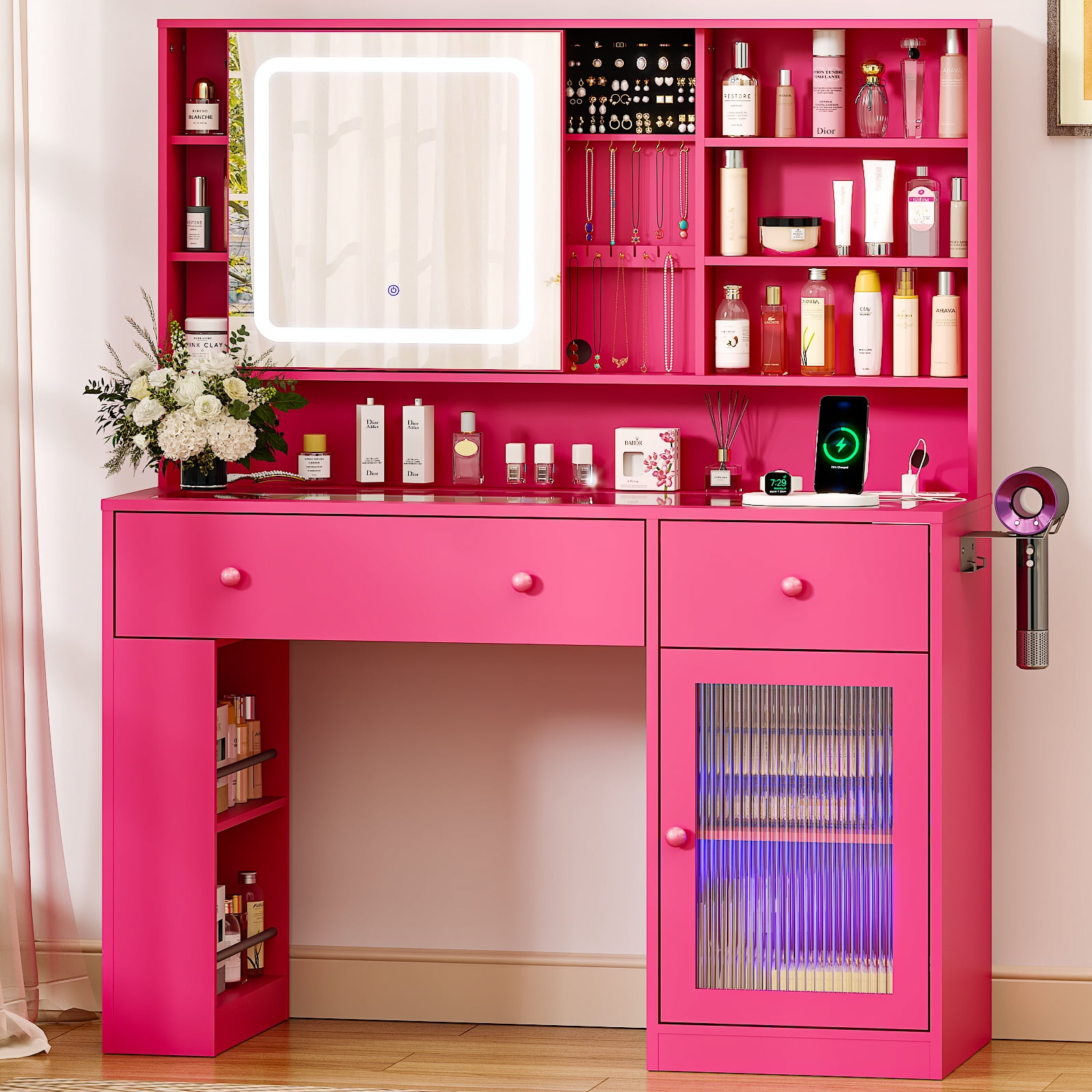 Ktaxon Makeup Vanity with Lighted Mirror,  Vanity Table Set w/ Charging Station, Side Rack, Pink