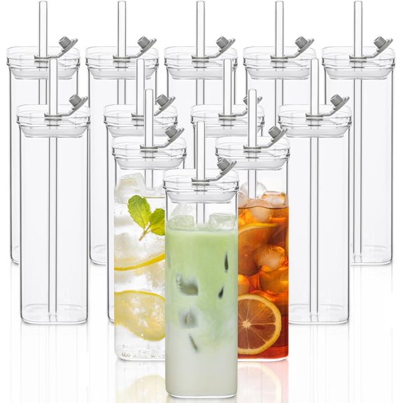 12 Sets Square Drinking Glass Cups with Lids & Straws, 17 Oz Clear Highball Glasses for Cocktail, Iced Coffee, Juice, Beer - Modern Glass Tumblers