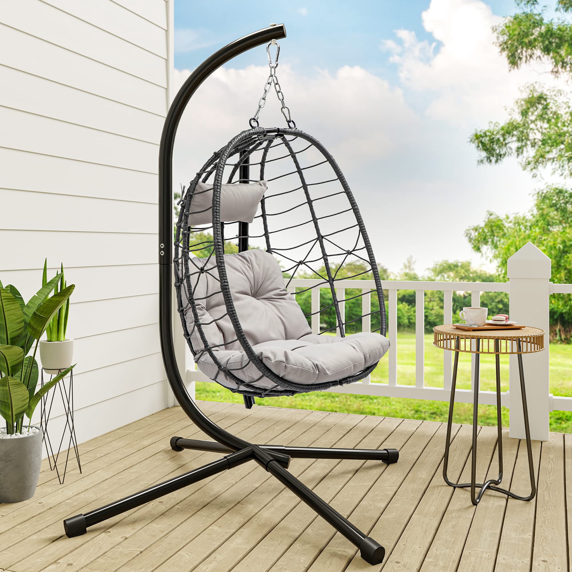 Uforic Wicker Egg Swing Chair with Stand & Cushion, 330lbs Capacity, Beige