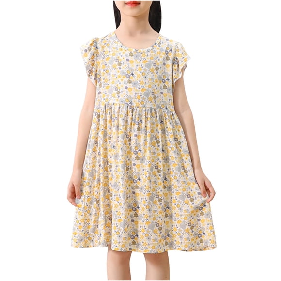 Odeerbi Niñas Verano Floral Vestidos Ruffle Sleeve Algodón Vestido Niños Impresión Gráfica Sin Mangas Vestido