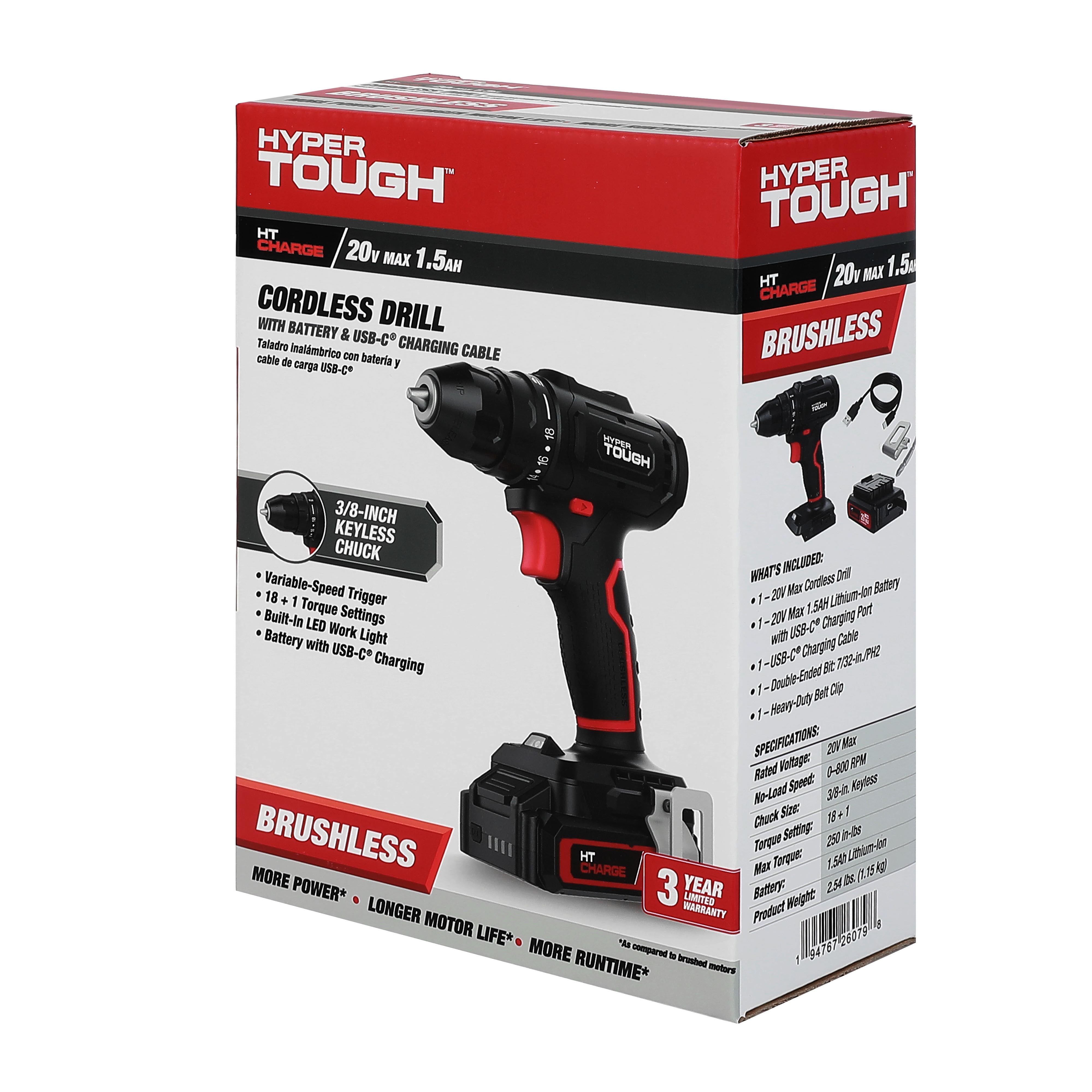 Hyper Tough 20V Brushless Cordless Drill with 1.5Ah Battery and USB-C Charging Cable