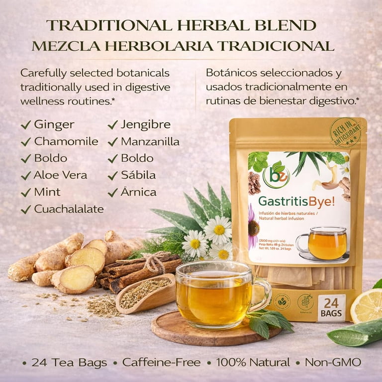 Gastritis-BYE Herbal Tea  Herbal Infusion for Digestive Comfort  24 Tea  Bags  Ginger, Chamomile, Boldo, Aloe Vera, Mint, Arnica & Cuachalalate   ...