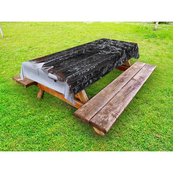 Outhouse Outdoor Tablecloth, Winter Forest in Snow with Little Cute Barn Lumberjack Shed Art Photo, Decorative Washable Fabric Picnic Table Cloth, 58 X 84 Inches,Dark Green and White, by Ambesonne