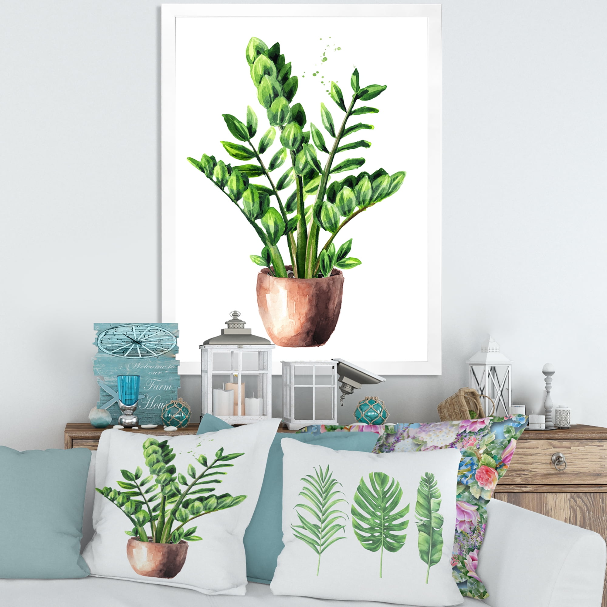 Designart 'Zamioculcas Tropical Plant With Green Leaves On White' Traditional Framed Art Print
