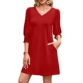 thumbnail image 6 of Summer 3/4 Sleeve Dresses for Women Dressy Casual Fall Midi Dress with Pockets Smocked Cuffs Crew Neck Aline Red, M, 6 of 6
