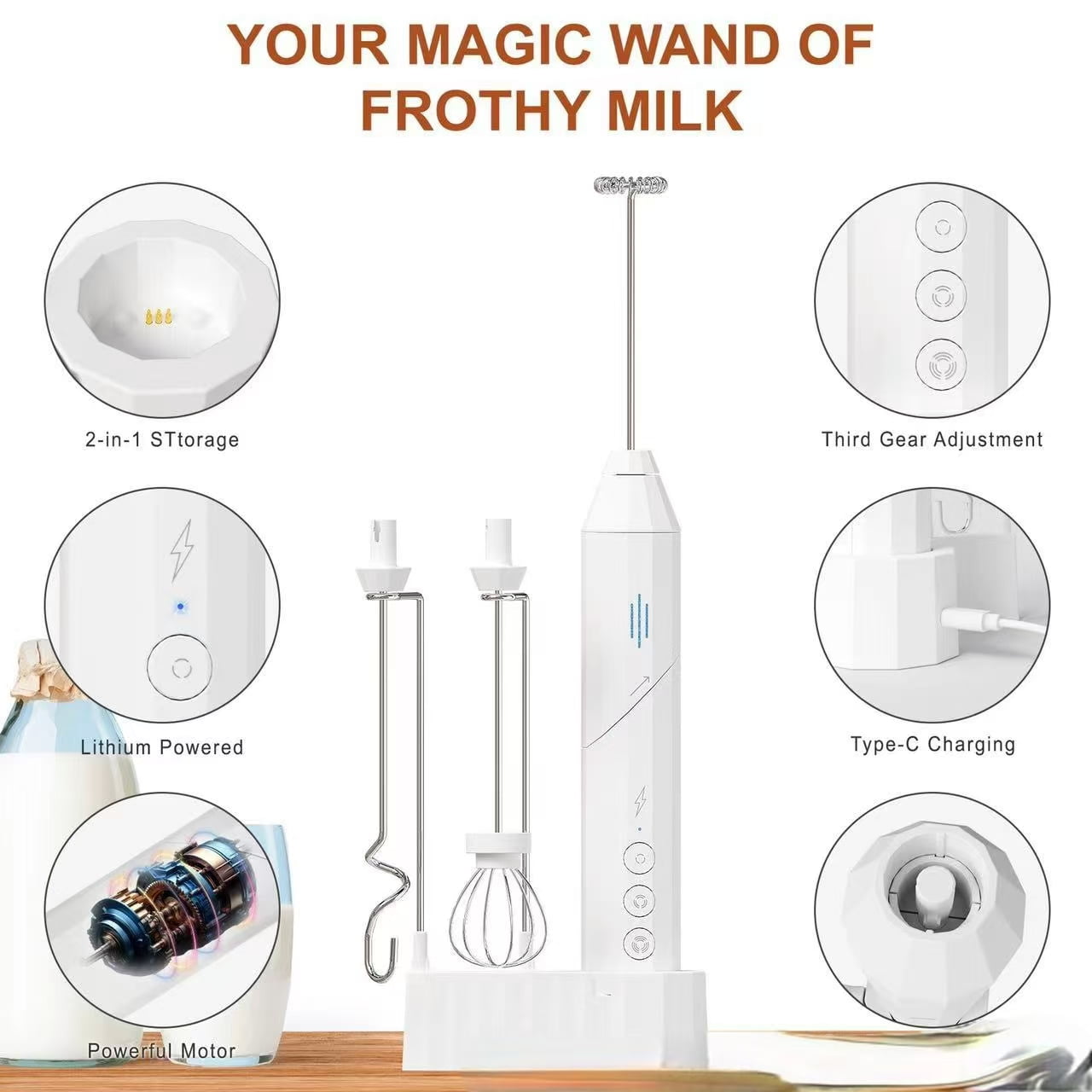 Electric Milk Frother Stainless Steel Coffee Cream Electric Milk Frother Egg Beater Portable Mixer
